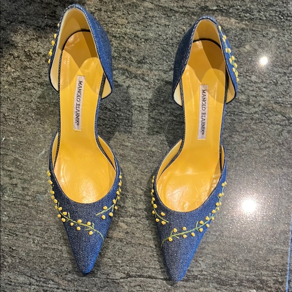 Manolo Blahnik Blue and Yellow Studded Heels